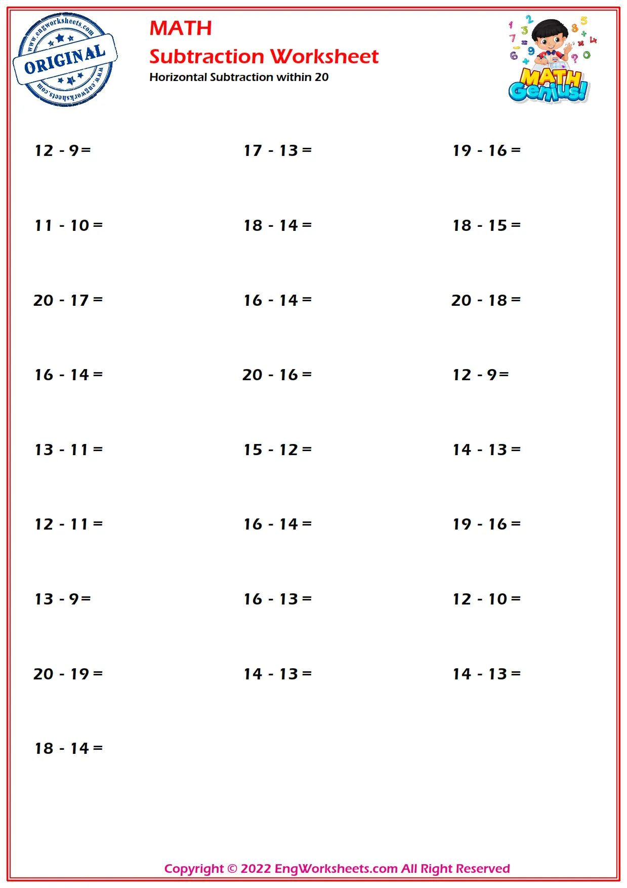 Horizontal Subtraction within 20 - Standard