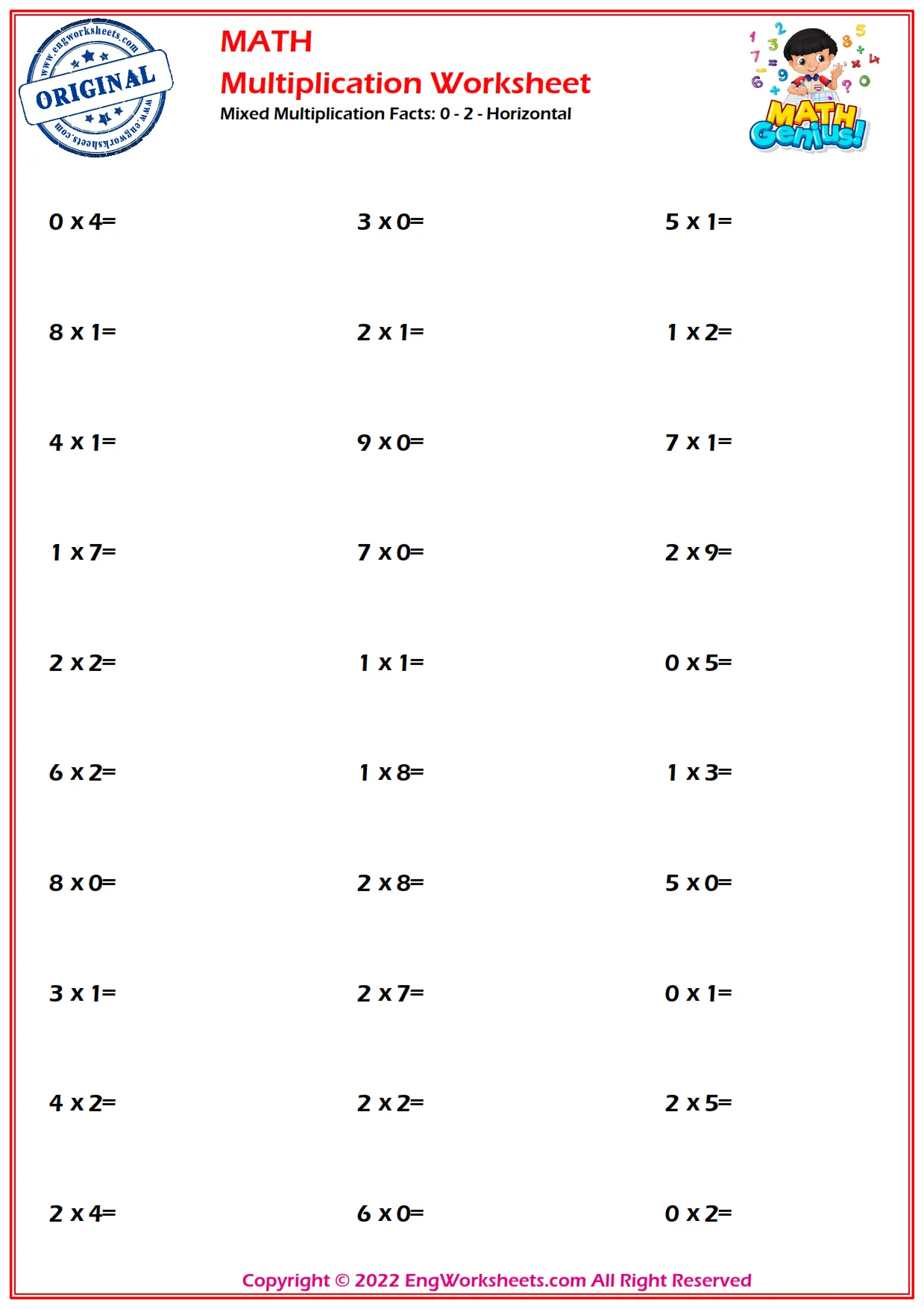 Mixed Multiplication Facts: 0 - 2 - Horizontal