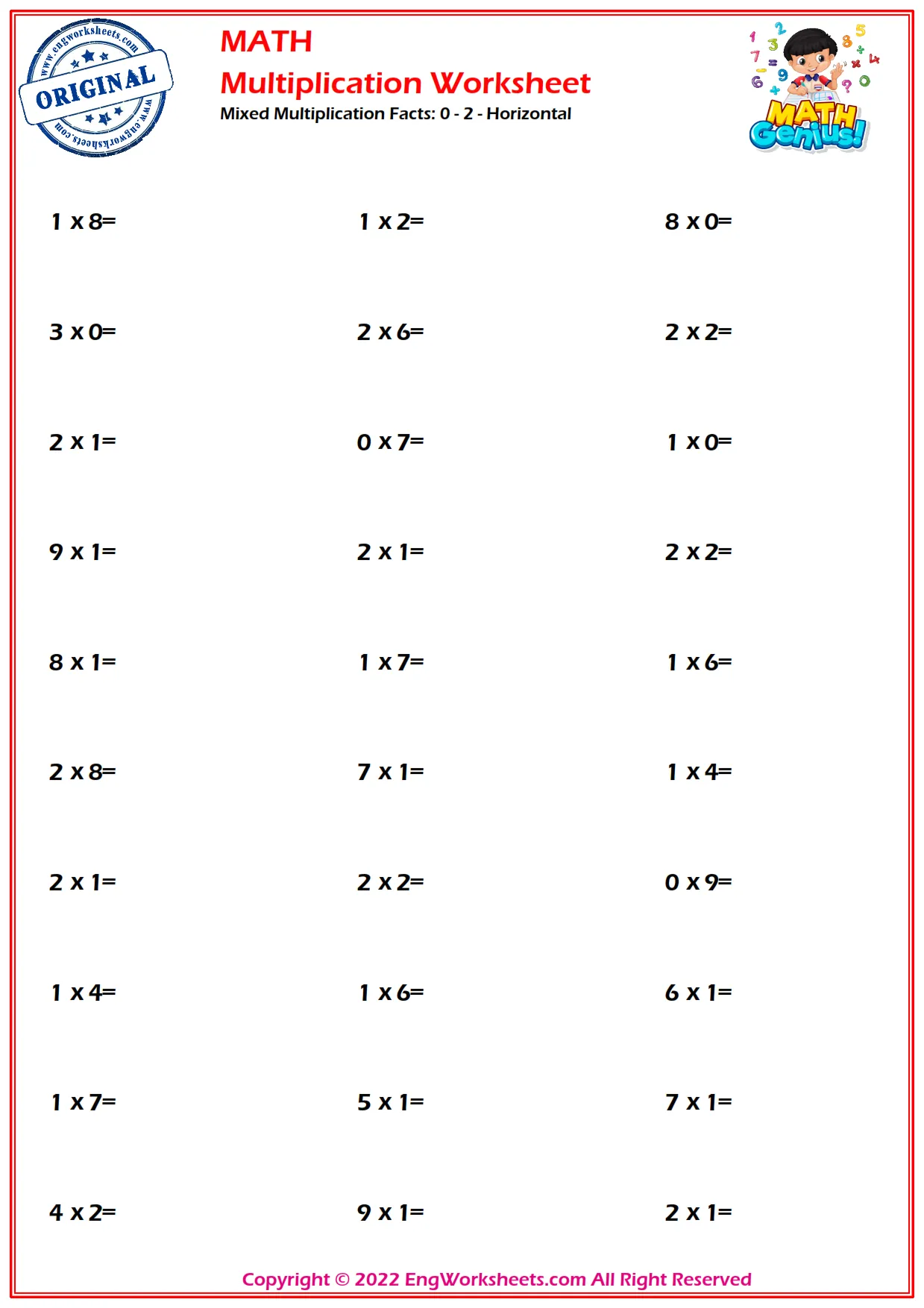 Mixed Multiplication Facts: 0 - 2 - Horizontal