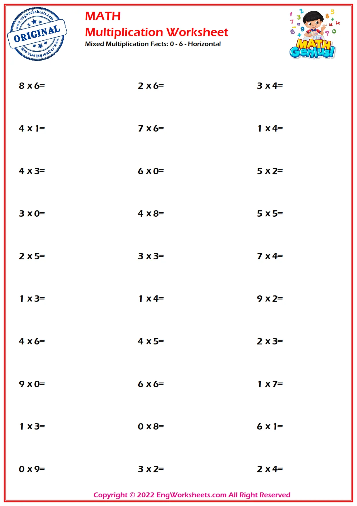 Mixed Multiplication Facts: 0 - 6 - Horizontal