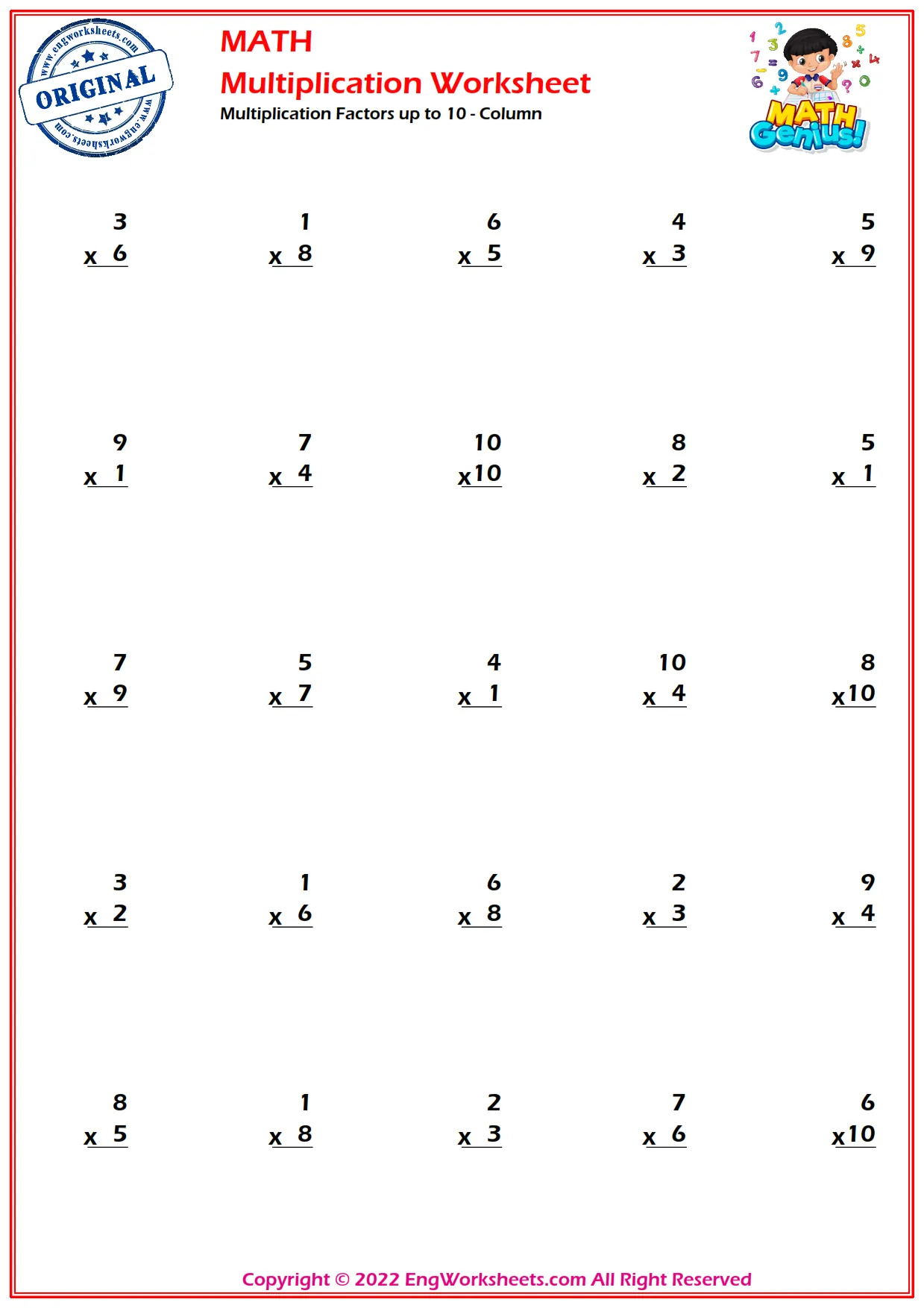 Multiplication Factors up to 10 - Column