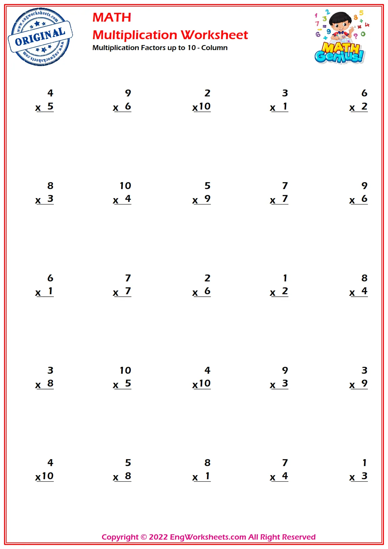 Multiplication Factors up to 10 - Column