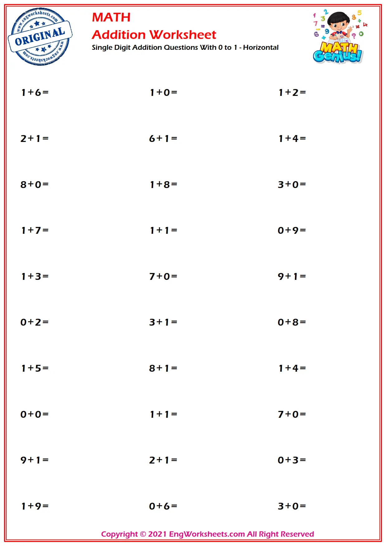 Single Digit Addition Questions With 0 to 1 - Horizontal