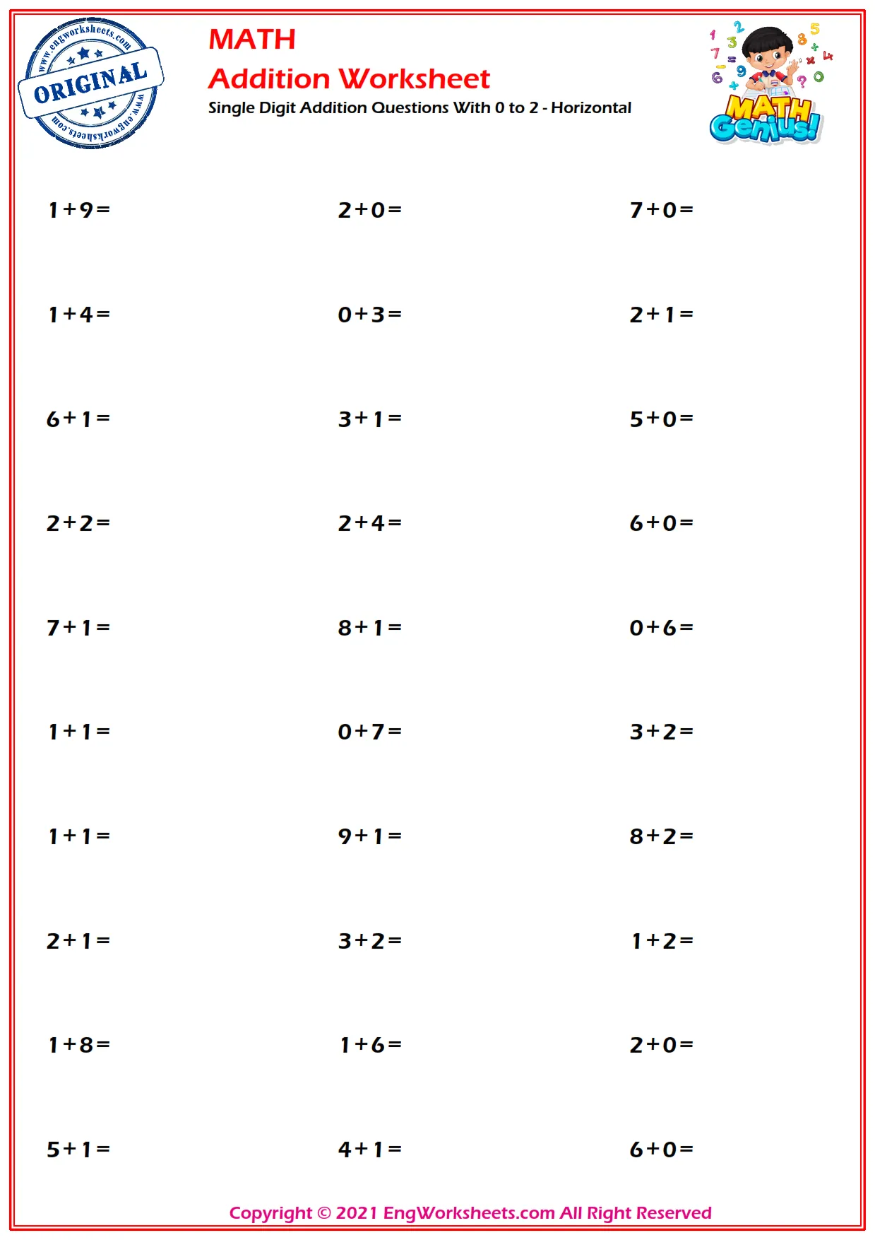 Single Digit Addition Questions With 0 to 2 - Horizontal