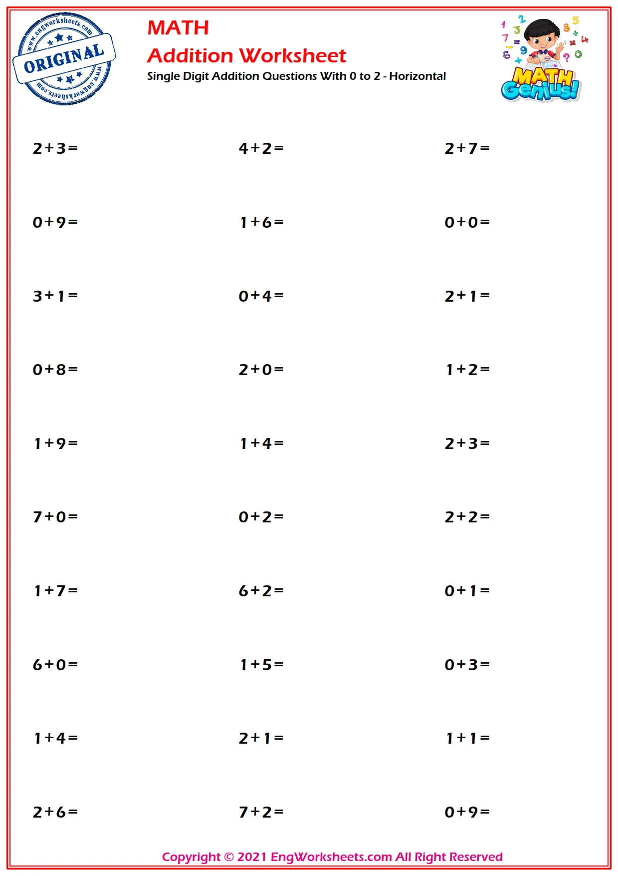 Single Digit Addition Questions With 0 to 2 - Horizontal