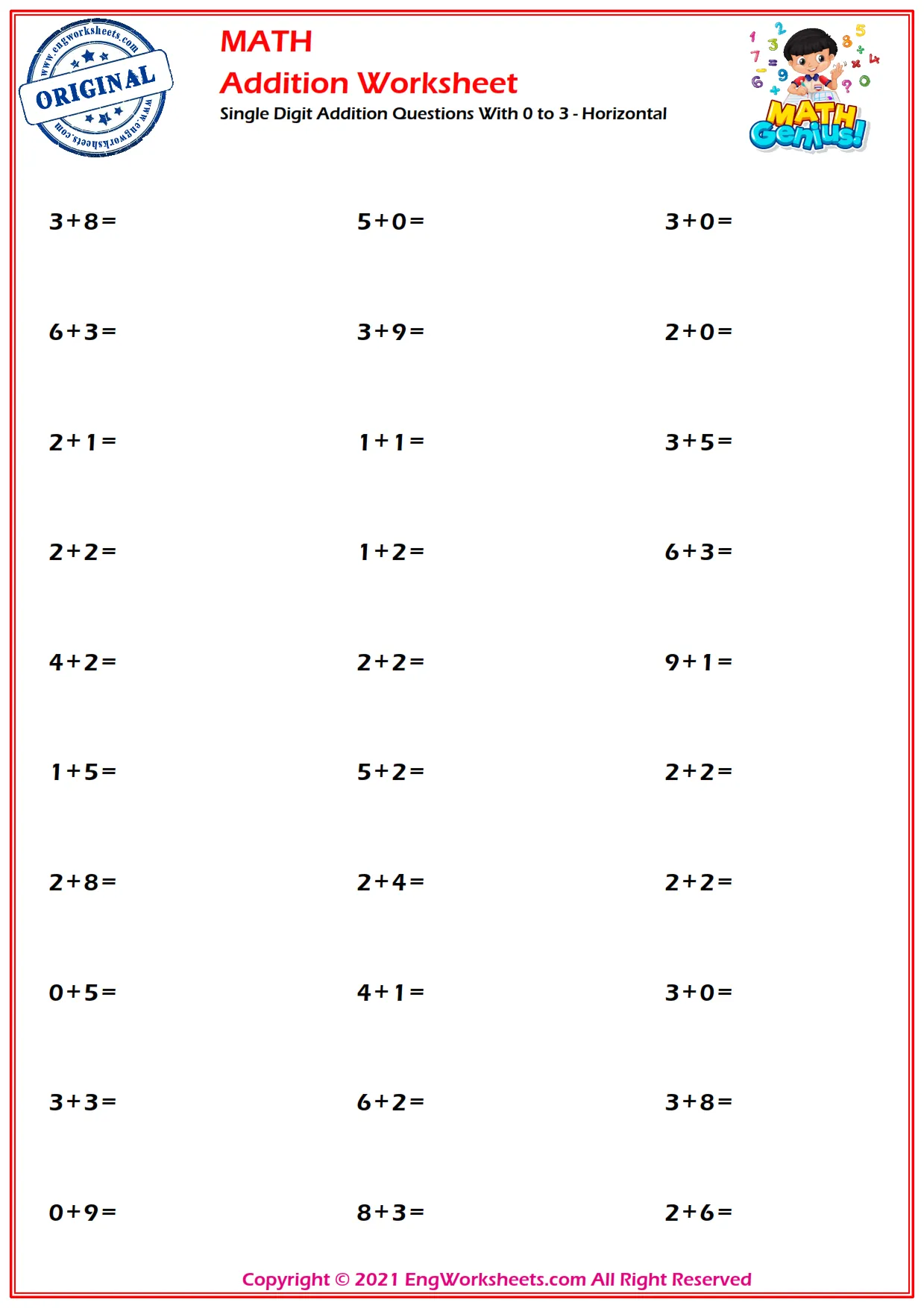 Single Digit Addition Questions With 0 to 3 - Horizontal