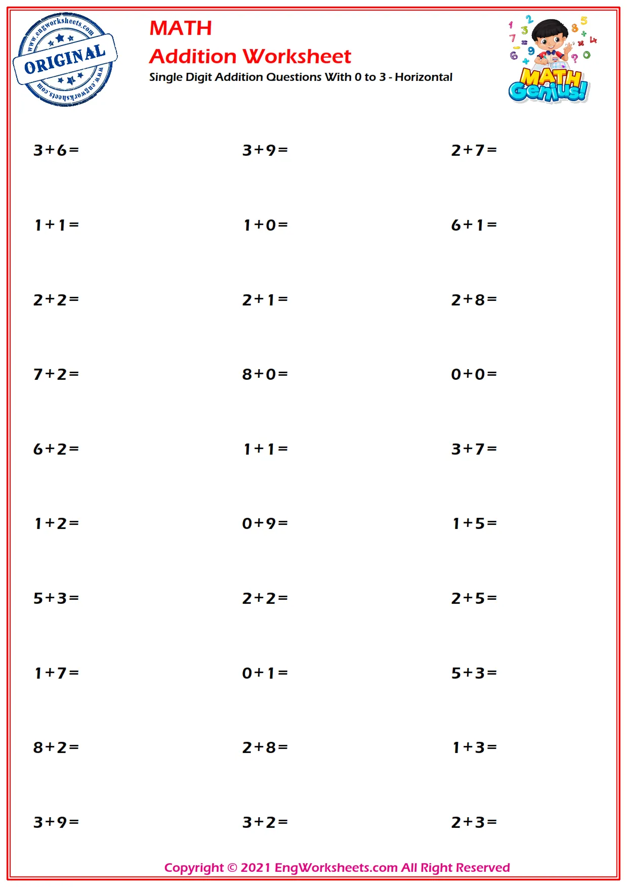 Single Digit Addition Questions With 0 to 3 - Horizontal