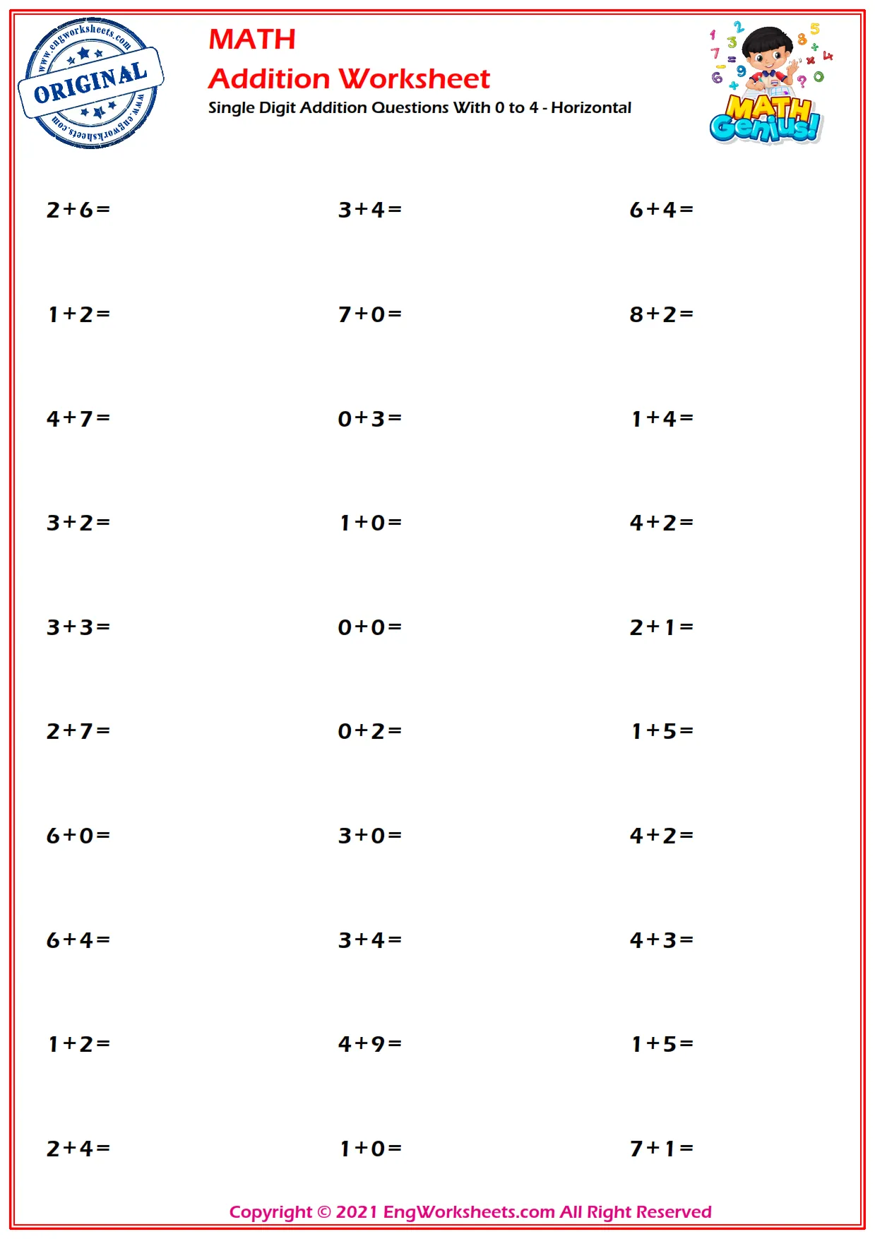 Single Digit Addition Questions With 0 to 4 - Horizontal