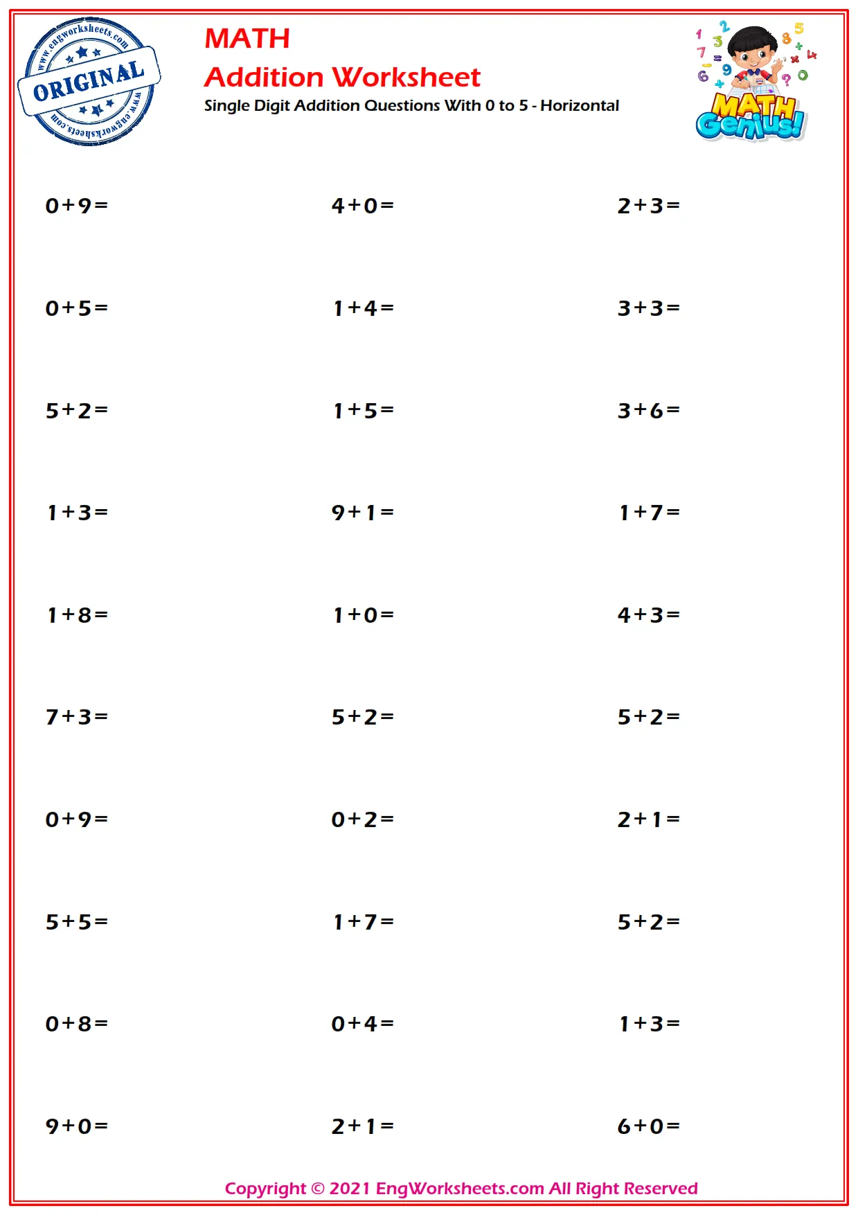 Single Digit Addition Questions With 0 to 5 - Horizontal