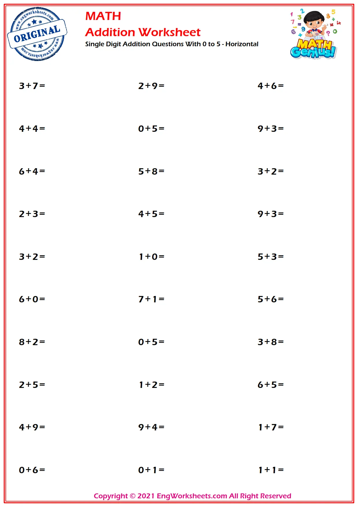 Single Digit Addition Questions With 0 to 5 - Horizontal