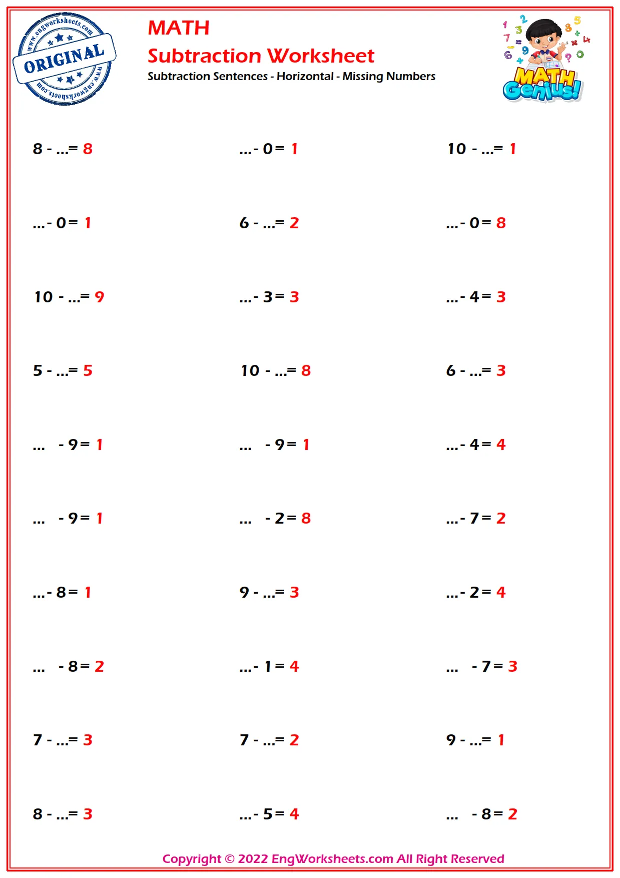 Subtraction up to 10