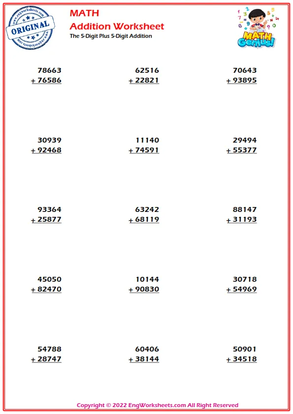 Addition 5-digit worksheets